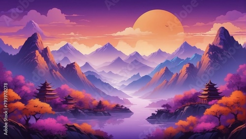 Vibrant Mountain Range Background in Purple and Orange Hues, Chinese Style