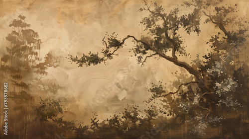 Forest and Trees Landscape Painting Stock Illustration Tranquil Woodland Scenery Art with Rich Brown and White Shades on Light Brown Background Serene Nature Photo