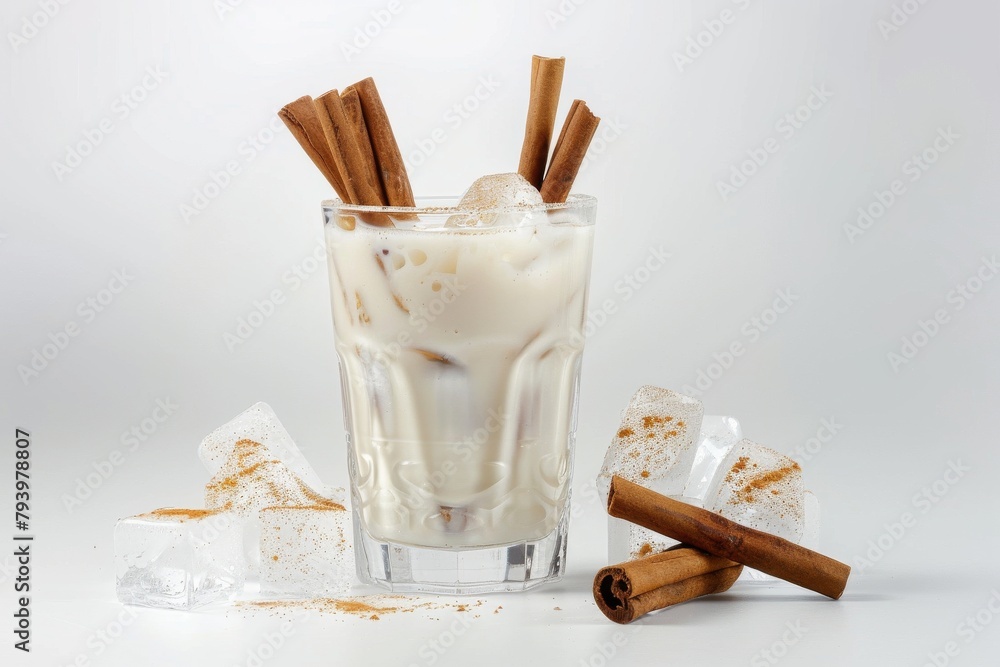 A refreshing glass of horchata, garnished with cinnamon sticks and ice cubes, a traditional Mexican rice milk drink. - obrazy, fototapety, plakaty 