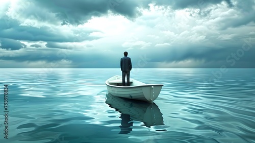 Solitary man standing in a small boat on a serene sea under cloudy skies. Conceptual imagery of solitude and reflection. Calm waters evoke tranquility. AI