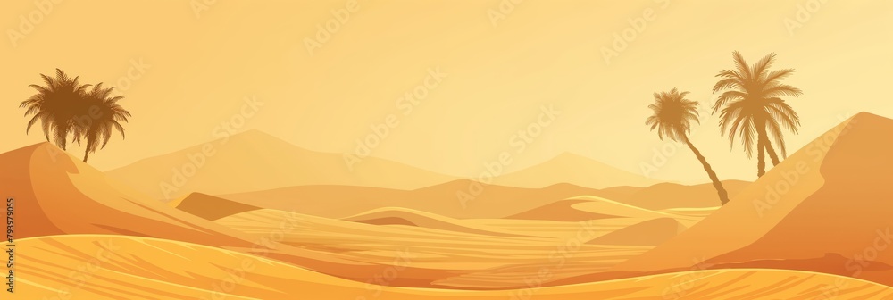 Panoramic illustration of a desert with gentle sand dunes and scattered palm trees under a soft, glowing sky at dusk