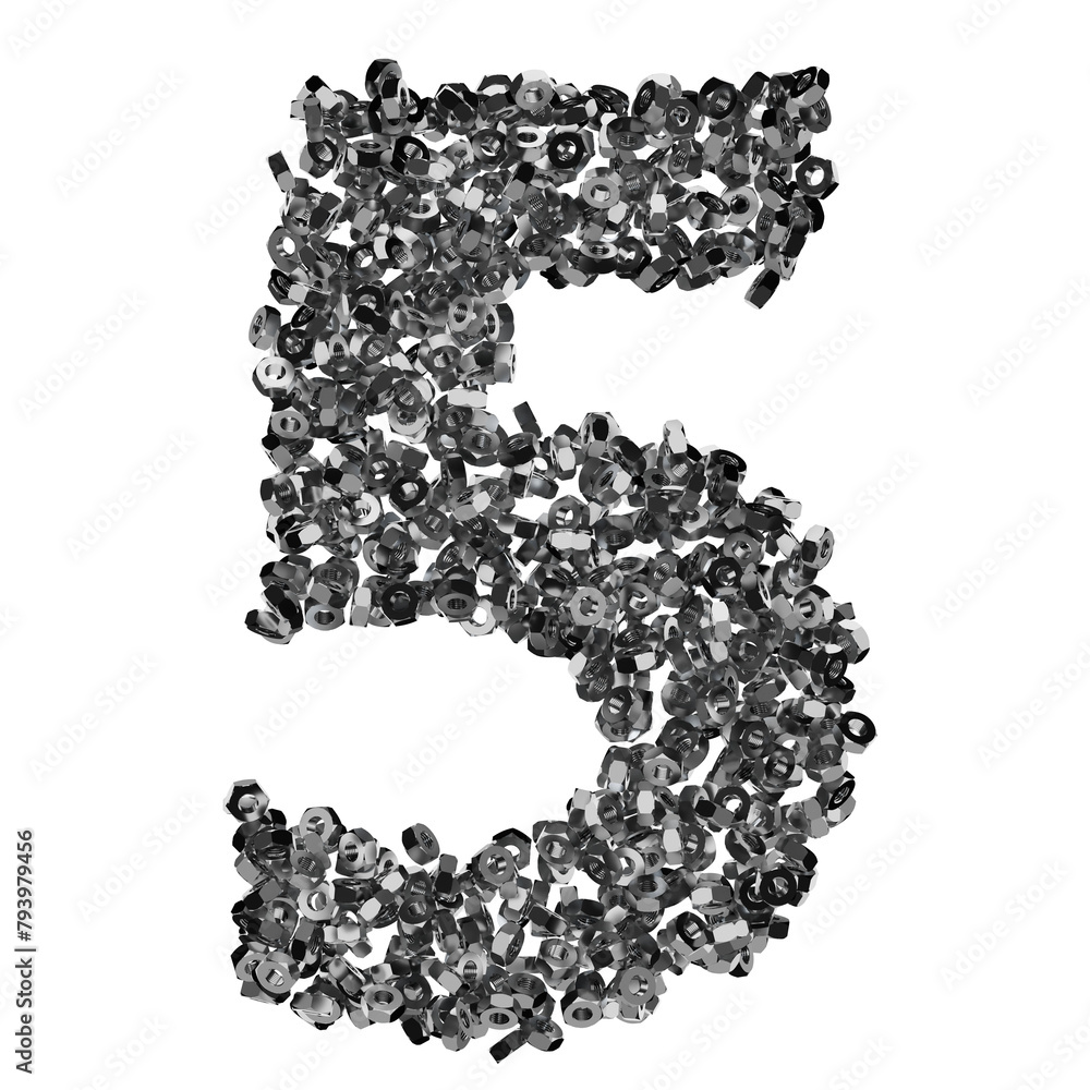 The number 5 is created using steel threaded nuts, 3D render