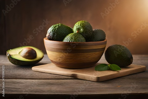 Basket with avocados on a table and around the basket isolated and cut avocados