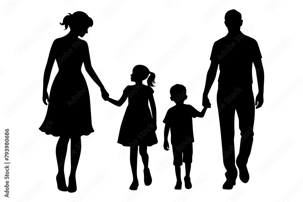 Silhouette of a man and woman with a children isolated on a white background. Father and mother are holding the hand of their little son and daughter. International Family Day