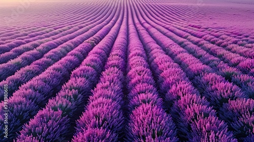 A breathtaking lavender field at sunset  with purple blooms stretching into the horizon under a pastel sky  perfect for themes of natural tranquility and agriculture.