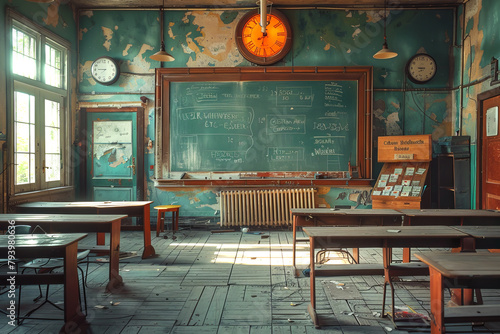 A shabby and abandoned school classroom. The topic is the crisis of school education in poor countries.