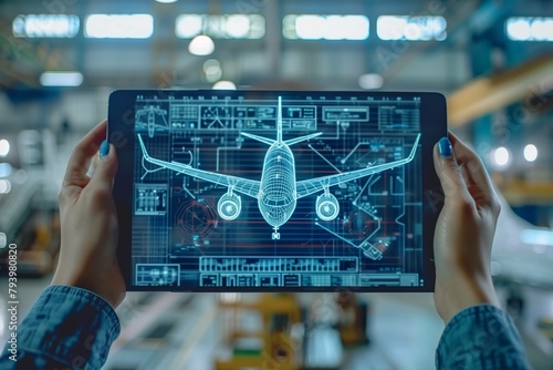 Tablet with a drawing in electronic form on a tablet in a worker's hands, development, production, assembly of air transport for a passenger aircraft