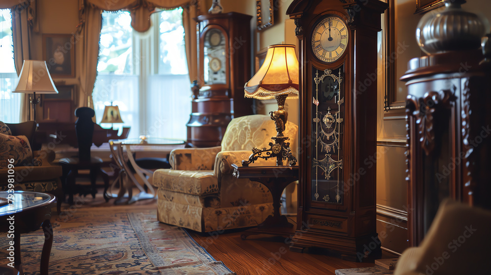 Vintage grandfather clock in a classic living room setting, its ...