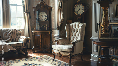 Vintage grandfather clock in a classic living room setting, its intricate wood carvings and pendulum showcasing traditional craftsmanship.