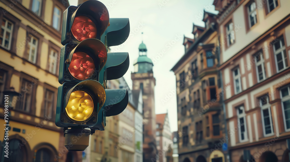 Vintage style traffic light in an old town setting, with historic buildings in the background, suitable for thematic urban photography.