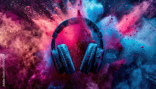 A pair of headphones is shown in a colorful explosion of confetti by AI generated image