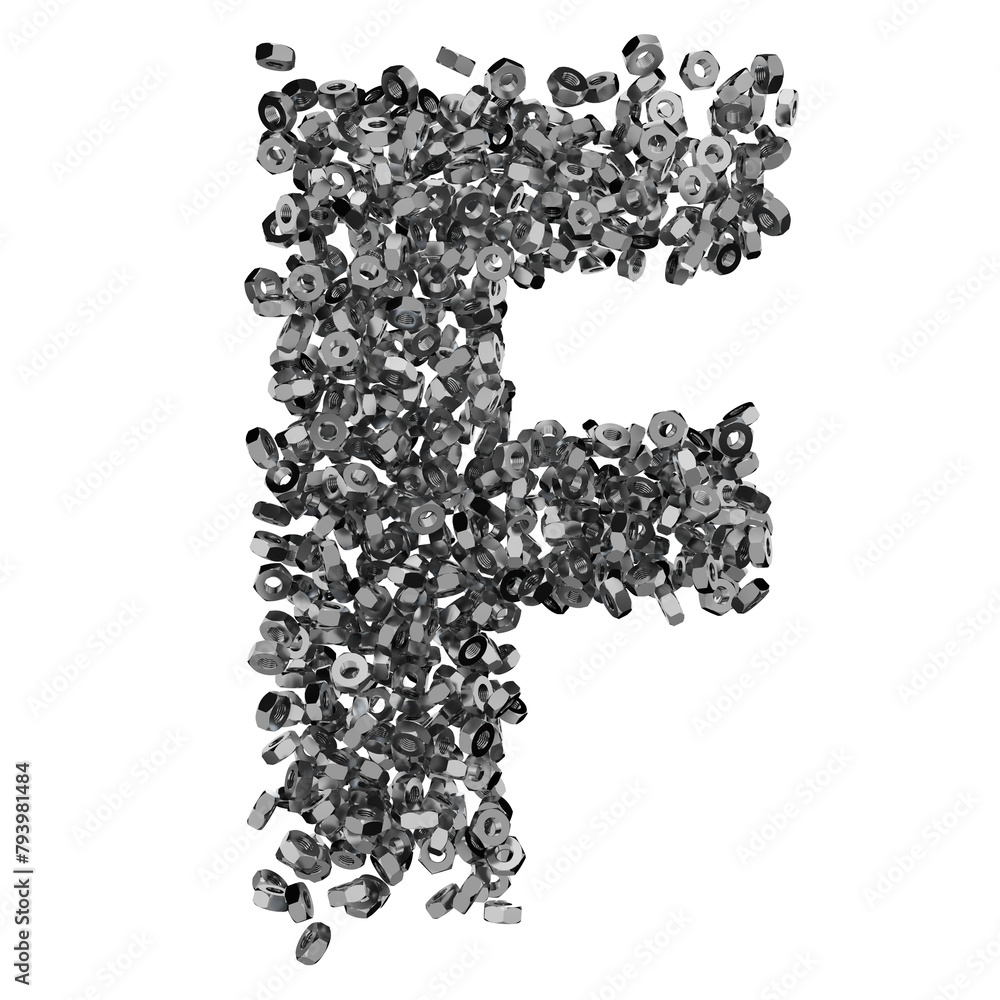Letter F is created using steel threaded nuts, 3D render Letter F is created using steel threaded nuts, 3D render