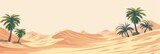 A panoramic illustration showcasing a vast desert expanse with towering palm trees and undulating sand dunes