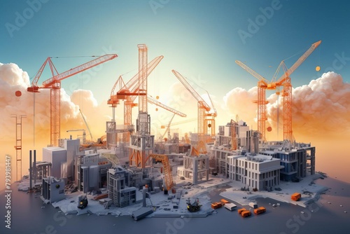 3D illustration of a bustling construction site with cranes and a modern factory, set against a soft gradient background, highlighting industrial progress photo