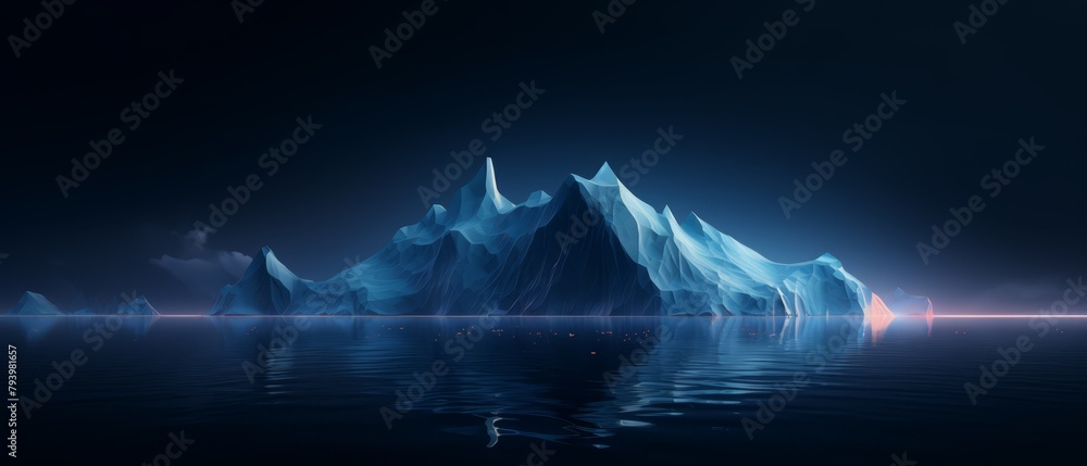 3D abstract dark tech icebergs, floating in a digital sea, futuristic and cold