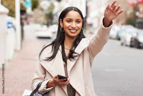 Happy woman, travel and taxi with hand sign at city for lift, tourist or commute on sidewalk. Female person or customer with smile or hailing cab for transportation, shopping or tour in an urban town