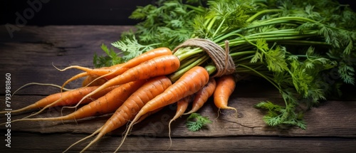 Organic carrots with tops on, muddy, bunch tied with twine, rustic wooden background, photo