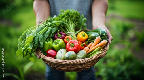 Hand holding a basket of mixed organic vegetables, blurred green farm background, © FoxGrafy