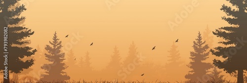 A serene scene depicting a hazy forest at dawn or dusk with the silhouettes of trees and flying birds in warm tones