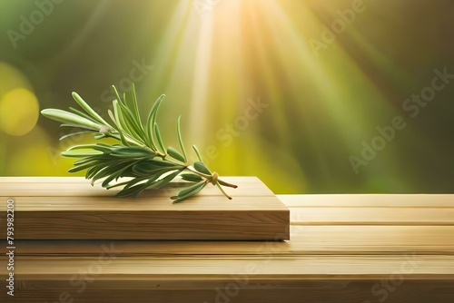 A sprig of rosemary on a wooden base, with a background containing light