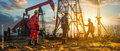Oil workers in safety gear inspecting drilling equipment on an oil field, dynamic and actionfocused composition, photo