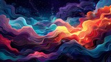 Digital art of colorful undulating abstract waves with a cosmic backdrop.