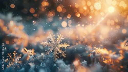 A closeup cinematic shot of snowflakes  their delicate structures glowing softly against a light  dreamy background with moody lighting 