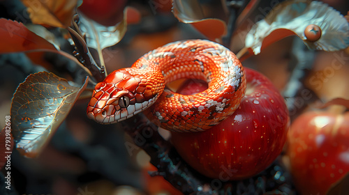 Snake in a apple tree next to a red apple representing original sin 4k wallpaper