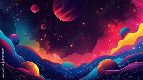 Vibrant digital artwork of a stylized space scene with undulating landscapes and celestial bodies.
