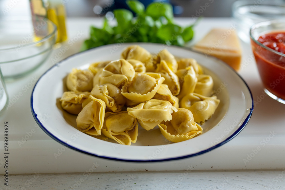 Plate with fresh and uncooked tortellini and italian ingredients Plate with fresh and uncooked tortellini and italian ingredients