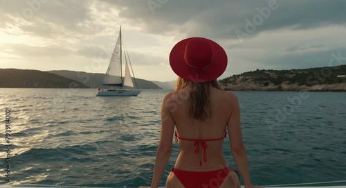 Solo traveling young lady in a red hat by the sea photo