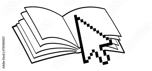 Cartoon epub books or ebooks. Open book and pages with mouse. Download for eReader. Line drawing. Opened books sign. Digital book store logo. Flying pages. World book day. Online library shop.