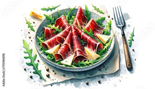 A realistic image of Bresaola con Rucola e Grana, showcasing thin slices of bresaola with arugula and shaved Grana Padano cheese, focusing on the dish's elegant presentation and the fresh, savory flav © Cad3D.Expert