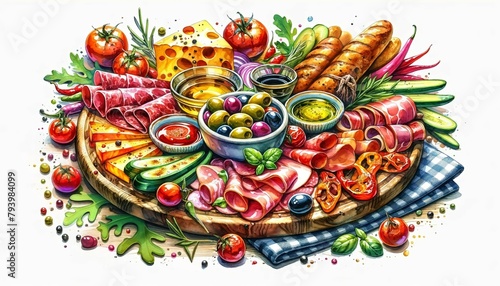 A watercolor painting of Antipasto Misto Italiano, artistically showcasing a selection of Italian appetizers on a platter, emphasizing the variety, vibrant colors  © Cad3D.Expert