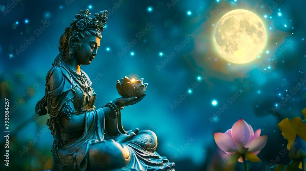 Buddha statue with moon and flowers. Buddha statue with moon and flowers.