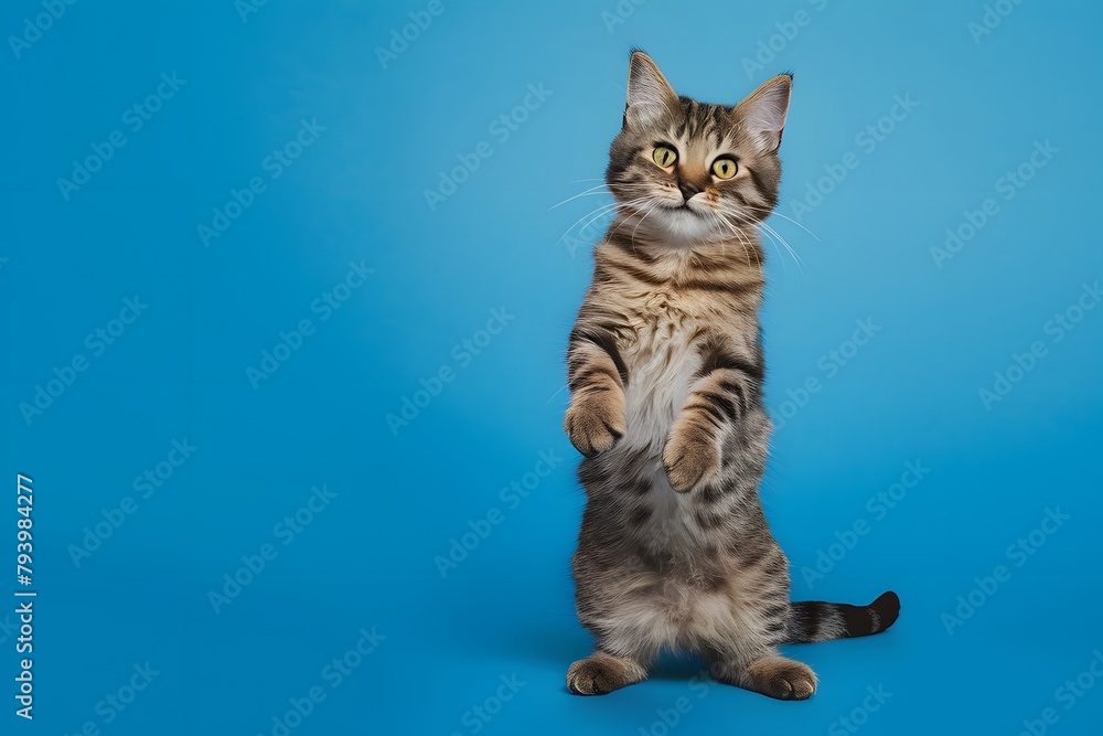 Obraz premium Playful cat on hind legs, curious and alert, against vibrant blue background