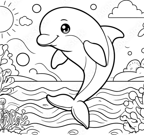 Personnage héros dauphin à colorier, ressource pour page ou livre de coloriage. Dessin au trait line art, pour enfant ou adulte. Trait isolé  fond transparent