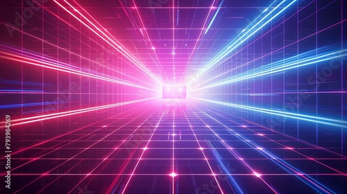 Abstract digital landscape with a glowing neon grid and dynamic lights.