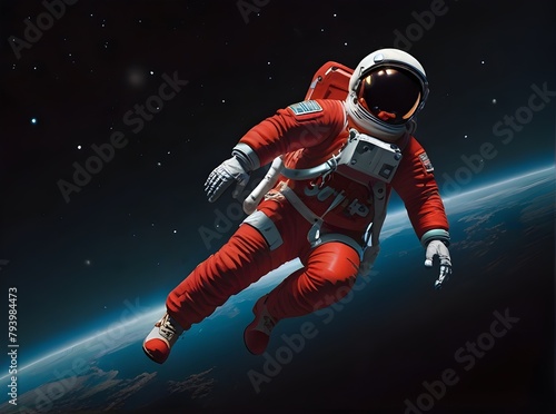 Illustration of the full body pose of an astronaut wearing a red super buoyancy suit. Generative AI photo