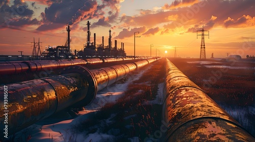 Sunset hues over industrial landscape with pipelines and factory. Industrial power and energy infrastructure during twilight. Vivid sky above a production facility. AI photo