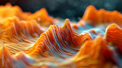 3D rendering of a detailed procedural orange and blue mountainous terrain lit from the right photo