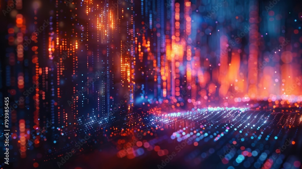 Fototapeta premium A mesmerizing abstract visualization of a digital data stream, with glowing particles representing the flow of information.