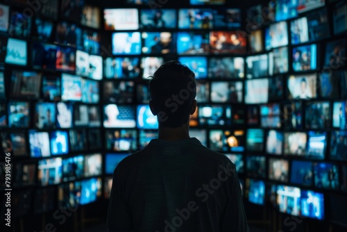 Digital saturation: man confronts a barrage of media screens photo