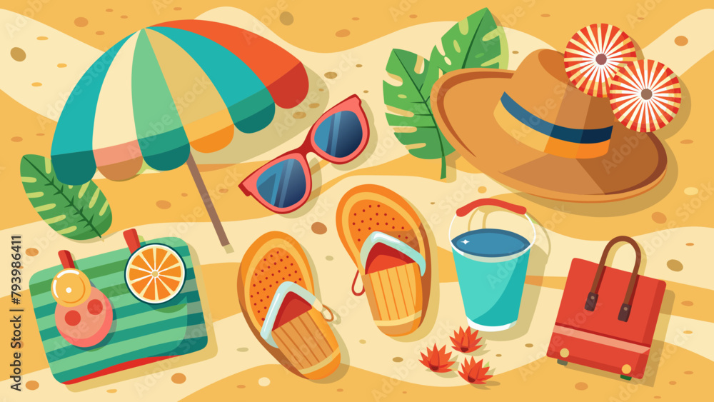 Summer Beach Essentials Featuring Straw Hats, Sunglasses, and Sandals On Sandy Background. concept - safe tourism Summer Beach Essentials Featuring Straw Hats, Sunglasses, and Sandals On Sandy Background. concept - safe tourism