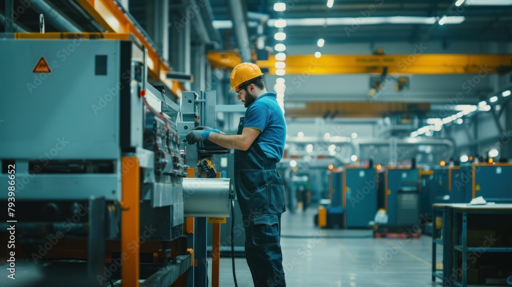 Fototapeta premium Industrial worker operating machine on assembly line in factory, manufacturing process concept in modern industry setting