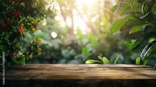 Summer tropical beautiful background with green lush young foliage and flowering branches. Wooden table.