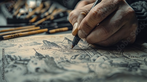 A close up of an artist's hand drawing a fantasy map with a quill pen.