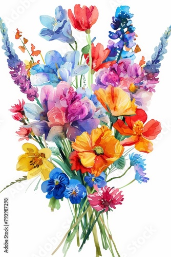 Watercolor vibrant bouquet of spring flowers, perfectly isolated on white --ar 2:3 Job ID: dc5eaa53-9b06-40fd-a54d-c1200310876c © FoxGrafy