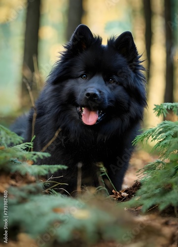 Cute black Eurasier dog playing in the forest.jpg 