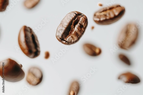 aromatic flying coffee beans on white background for fresh morning energy